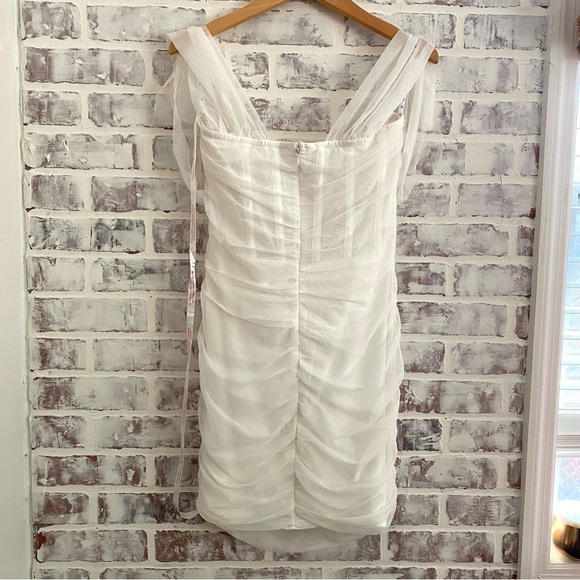 Missguided • Ivory Mesh Tie Shoulder Corset Mini Dress • Sweetheart Neckline - Picture 11 of 14